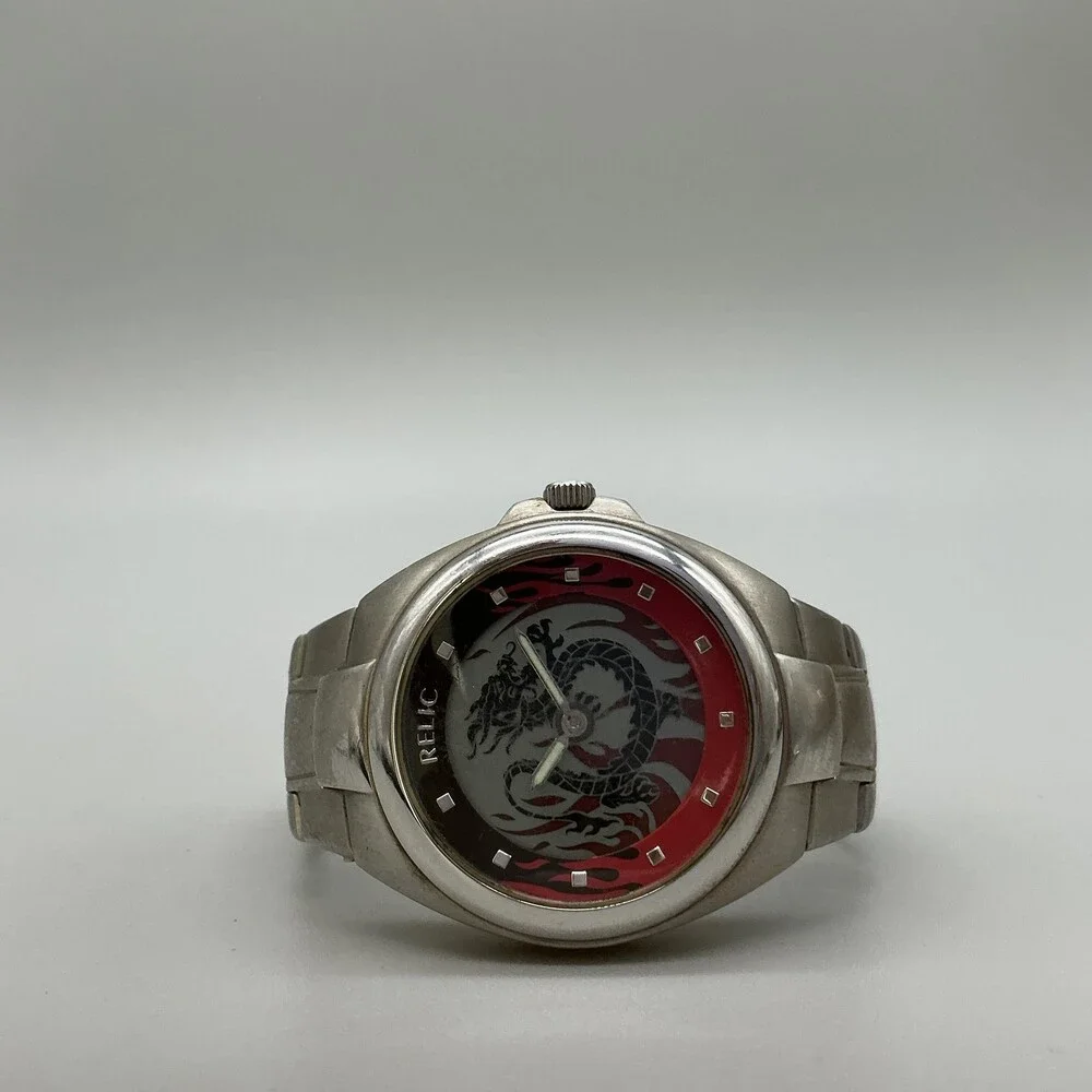Relic Big Tic Mens Watch 39mm Dragon Flame Animated Stainless New Battery 6
